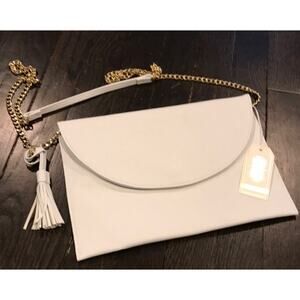 Mud Pie Gold Chain White Thin Tassel Crossbody Vegan Bag Purse NEW